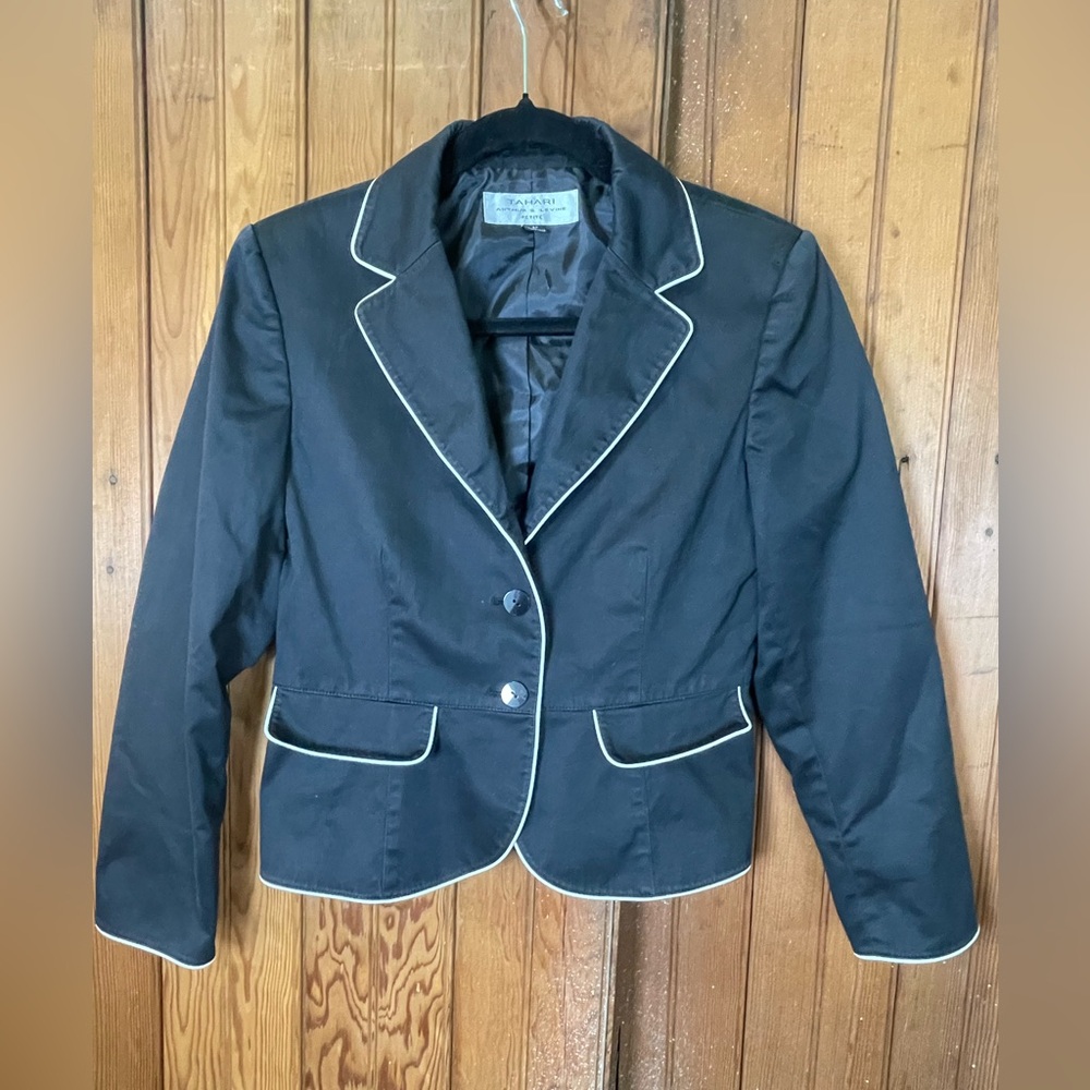 TAHARI ARTHUR S LEVINE Womens Jacket Size 6P Black White Trim Long Sleeve